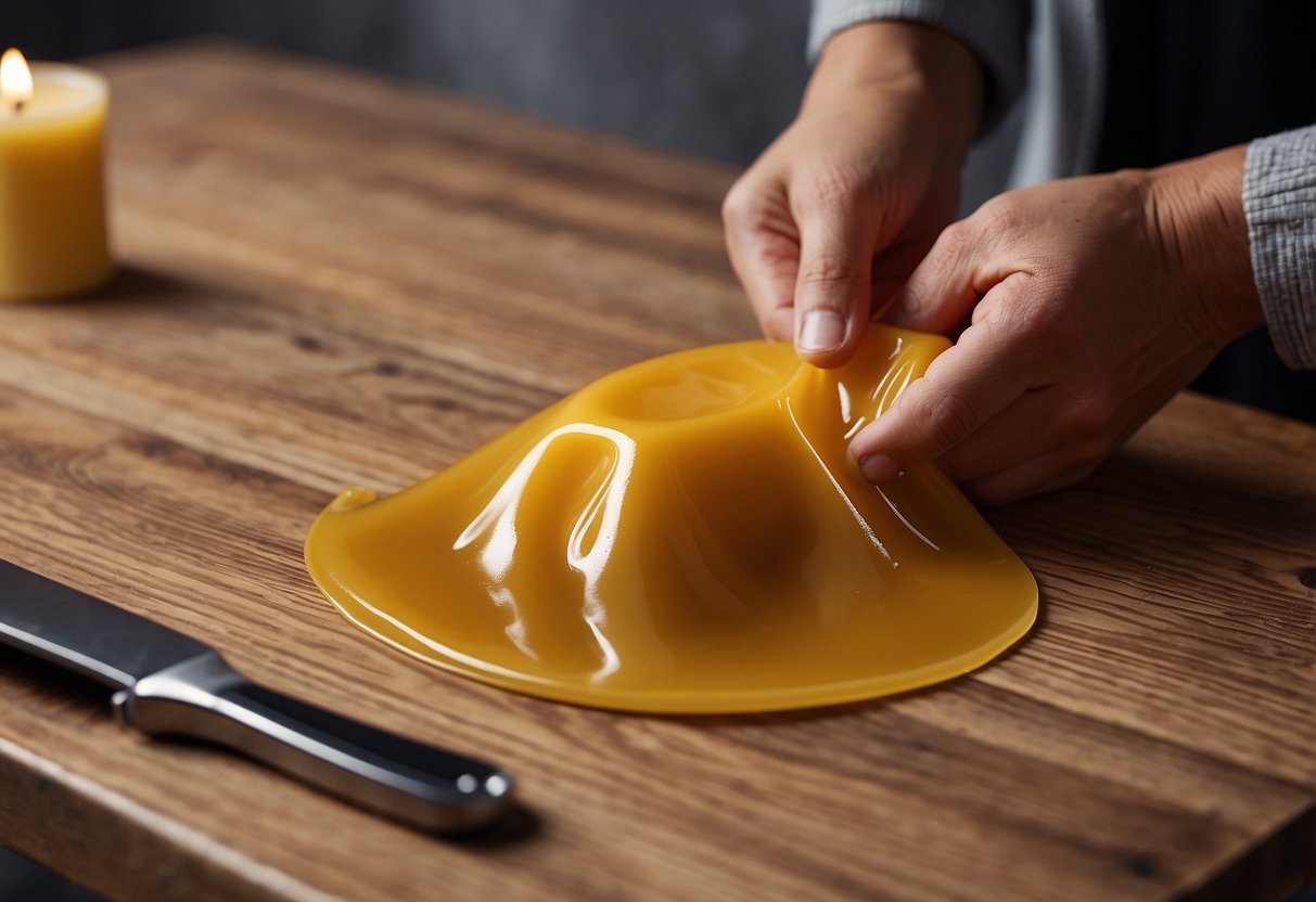 A hand holding a cloth applies beeswax furniture polish to a wooden table, creating a glossy finish