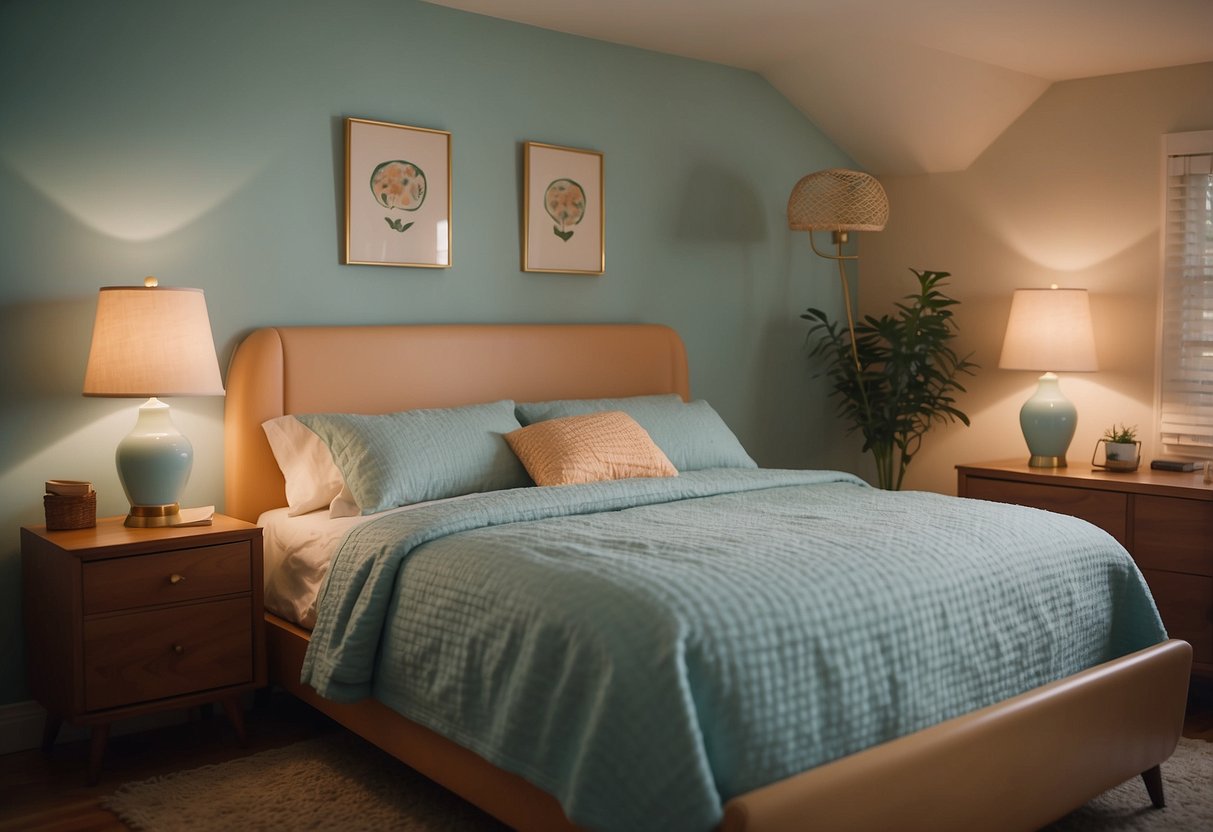 A cozy 1950s bedroom with a retro bed, nightstand, and dresser. Soft lighting and pastel colors create a nostalgic atmosphere