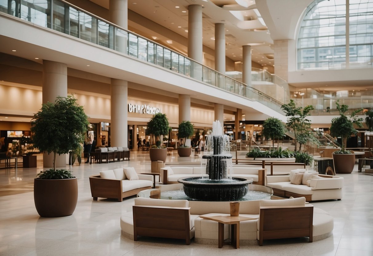 The bustling Furniture City Square Mall features modern store fronts, sleek escalators, and a central fountain surrounded by comfortable seating