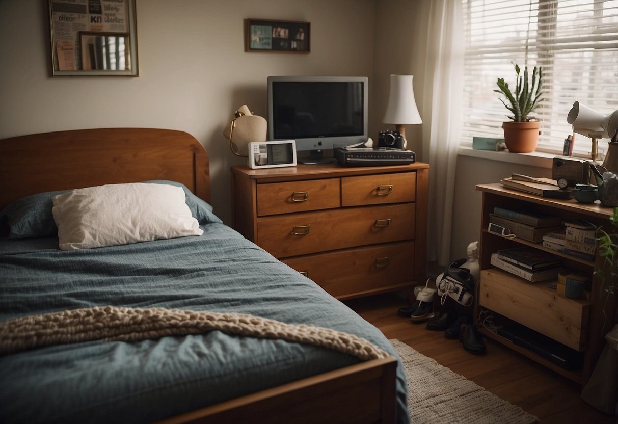 A cluttered room with low-quality, mismatched furniture. The bed is lopsided, the dresser is chipped, and the nightstand wobbles