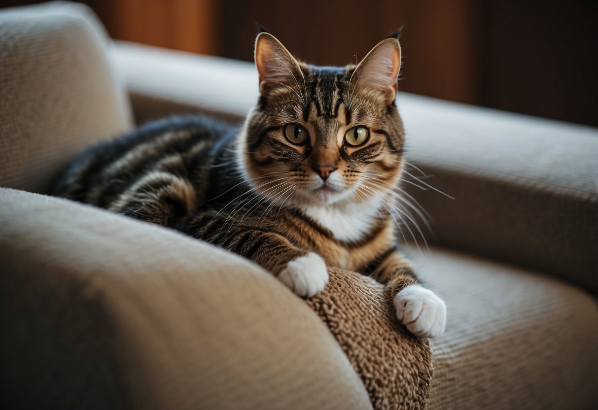 A cat with a determined look scratches at a couch. A nearby scratching post stands unused