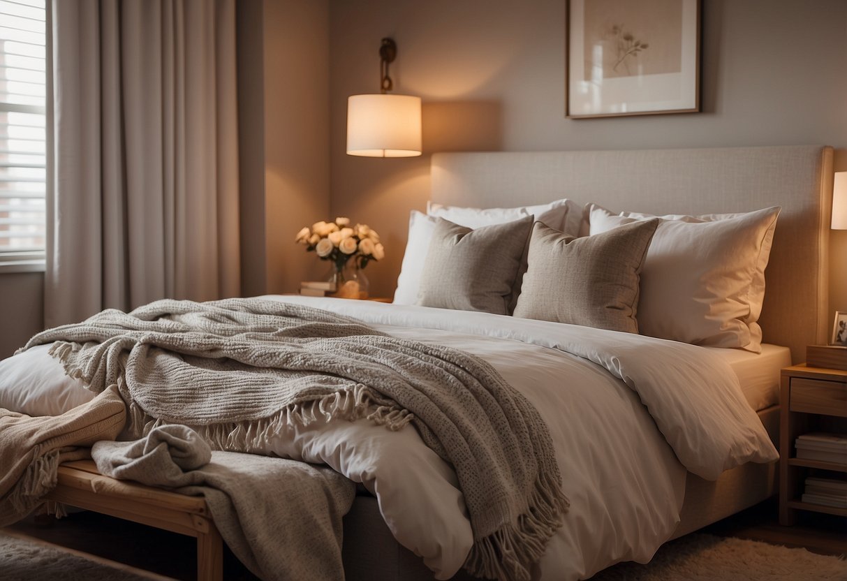 A cozy bedroom with a simple bed, nightstand, and dresser. Soft lighting and neutral colors create a warm and inviting atmosphere