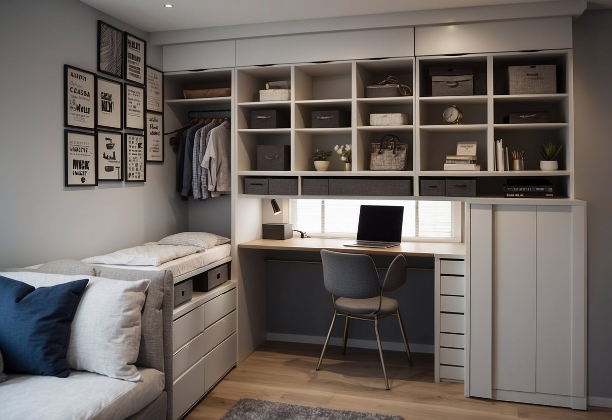 A small bedroom with a loft bed, fold-out desk, and storage ottoman. Closet organizers and wall-mounted shelves help maximize space