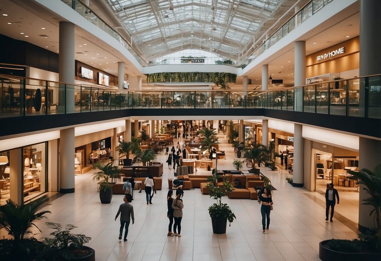 People bustling through a modern, spacious mall filled with furniture displays and decor. Bright lights illuminate the various showrooms and shops, creating a lively atmosphere