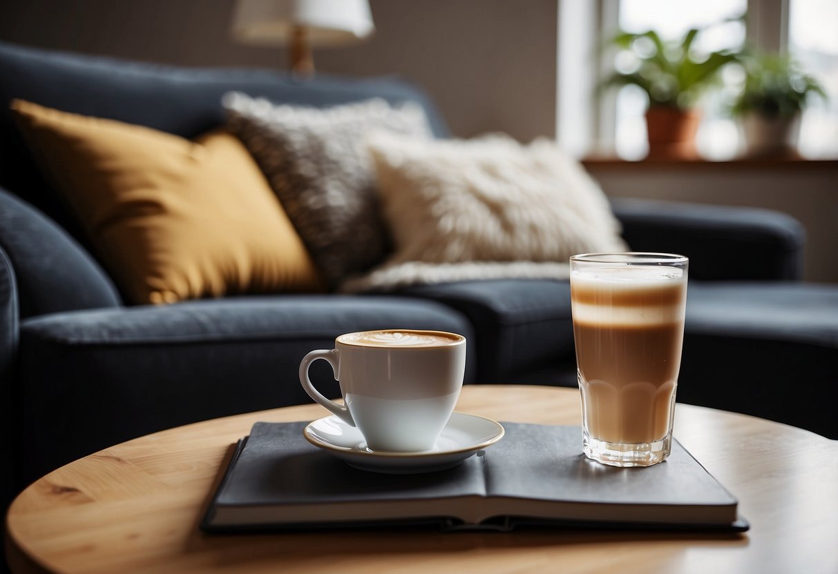 A cozy living room with a plush sofa, sturdy coffee table, and soft rug. A person sitting comfortably with a book and a warm drink