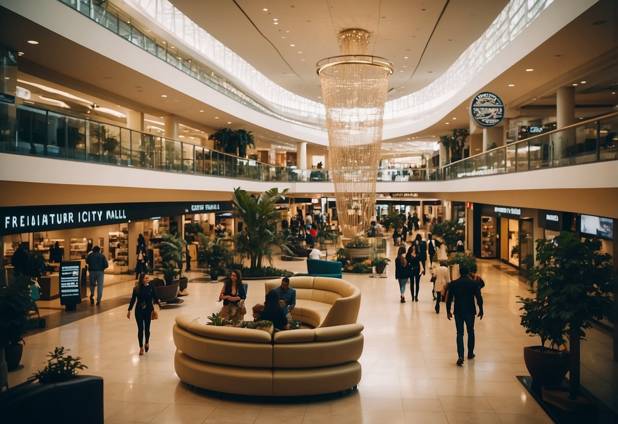 The furniture city square mall is bustling with shoppers browsing through various showrooms and stores. The vibrant atmosphere is filled with the sound of people chatting and the sight of modern and stylish furniture on display