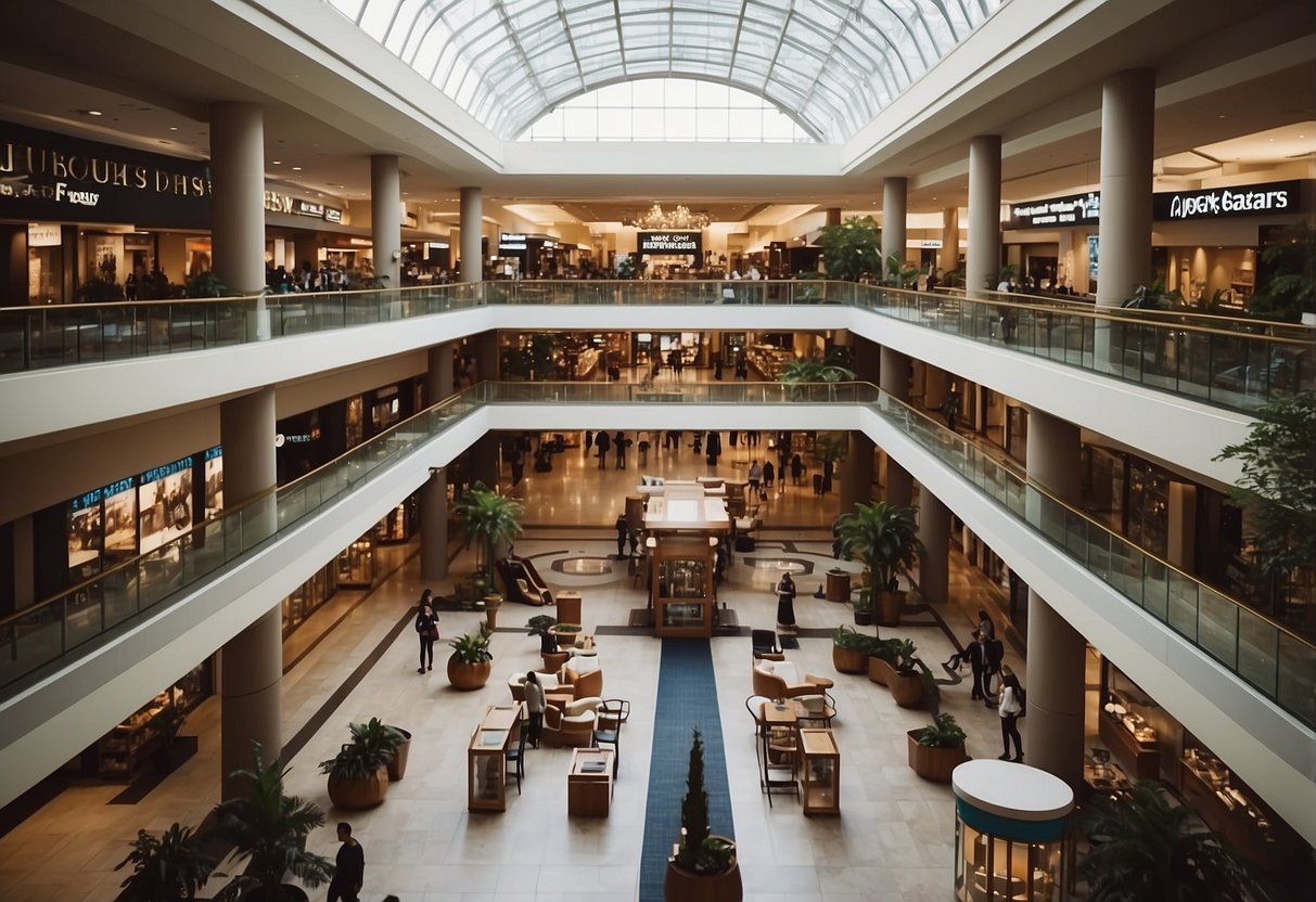 A bustling city square mall with a prominent "Frequently Asked Questions" sign, surrounded by various furniture stores and busy shoppers