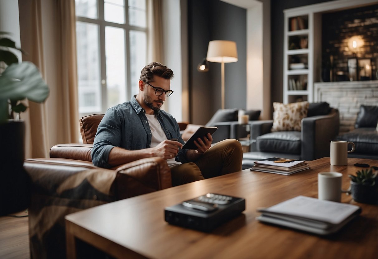 A room with various furniture pieces, a person reading reviews on a tablet, and a checklist of practical considerations