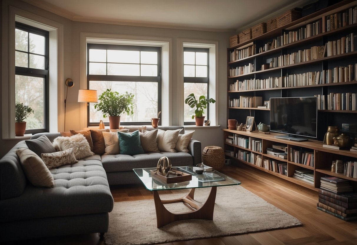 A cozy living room with a comfortable sofa and stylish coffee table, surrounded by shelves filled with books and decorative items. A laptop sits open on the table, displaying the "Frequently Asked Questions best furniture reviews" webpage