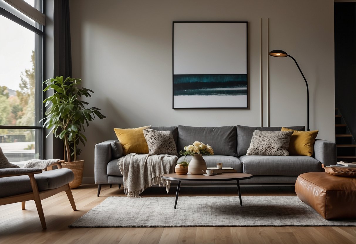 A living room with modern furniture, including a sleek sofa, coffee table, and floor lamp. The space feels cozy and inviting, with vibrant accent pillows and a stylish rug