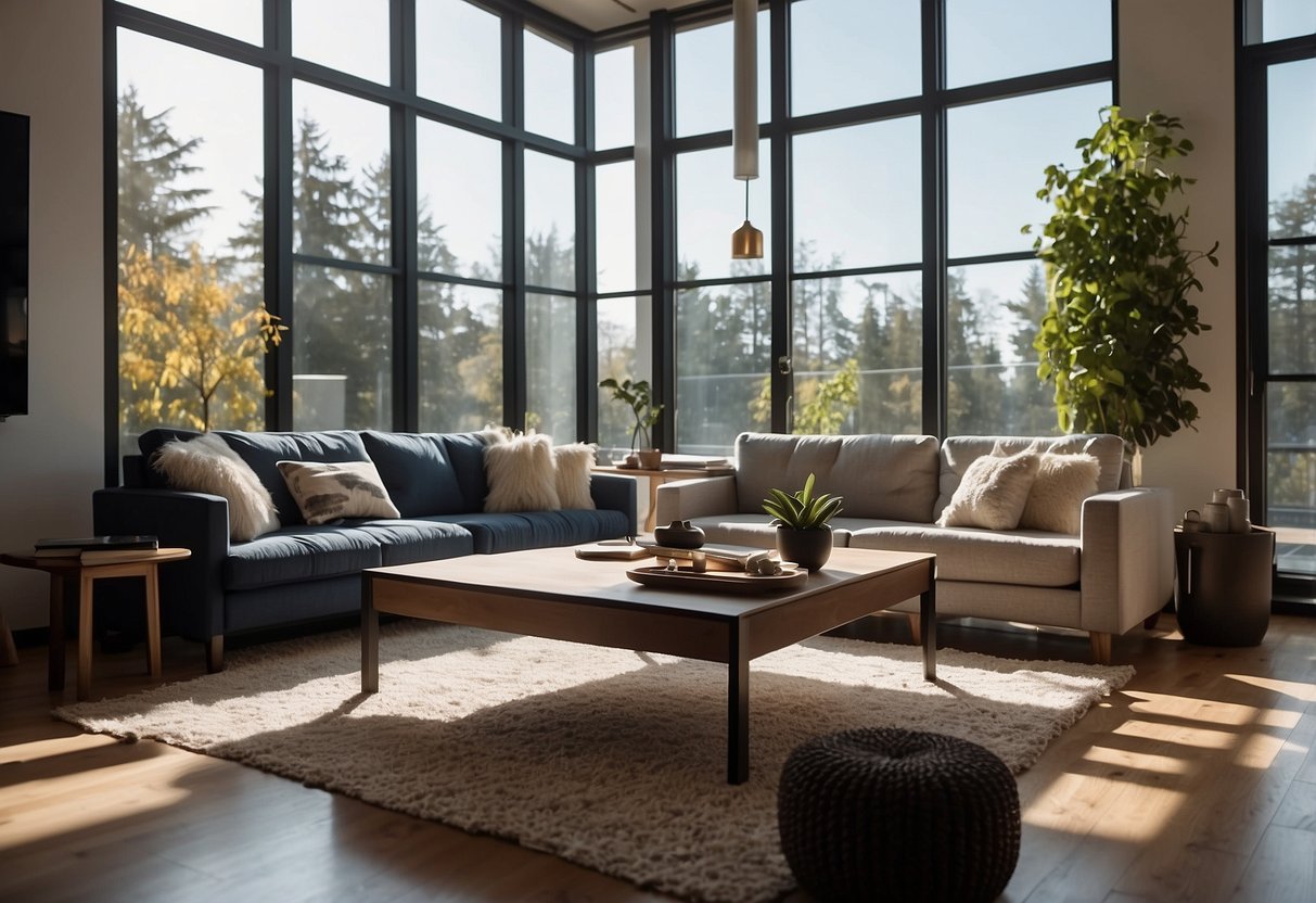 A living room with modern furniture, a rent-to-keep agreement on the table, natural light streaming in through the window