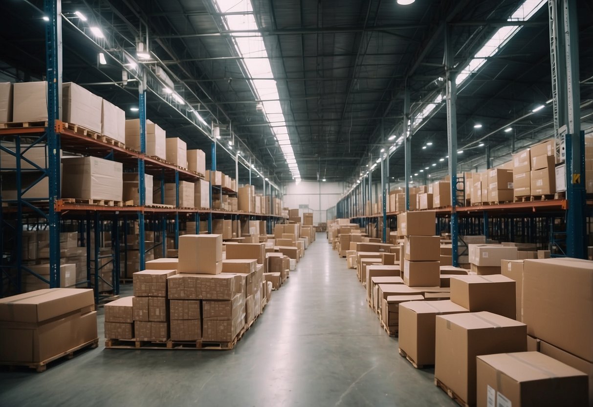 A warehouse filled with stacks of furniture being rented out for logistics and services