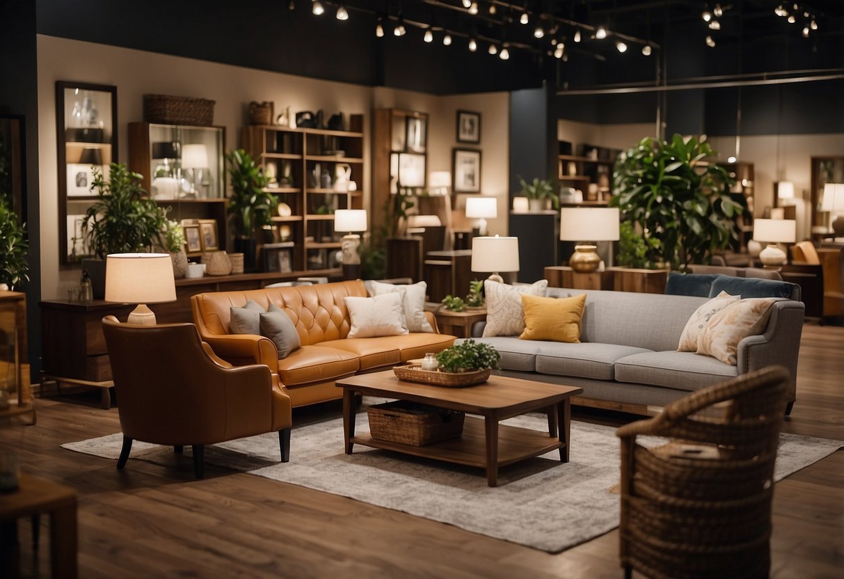 A bustling furniture shop in Century Square with elegant displays and warm lighting. Various pieces of furniture are arranged neatly, inviting customers to explore