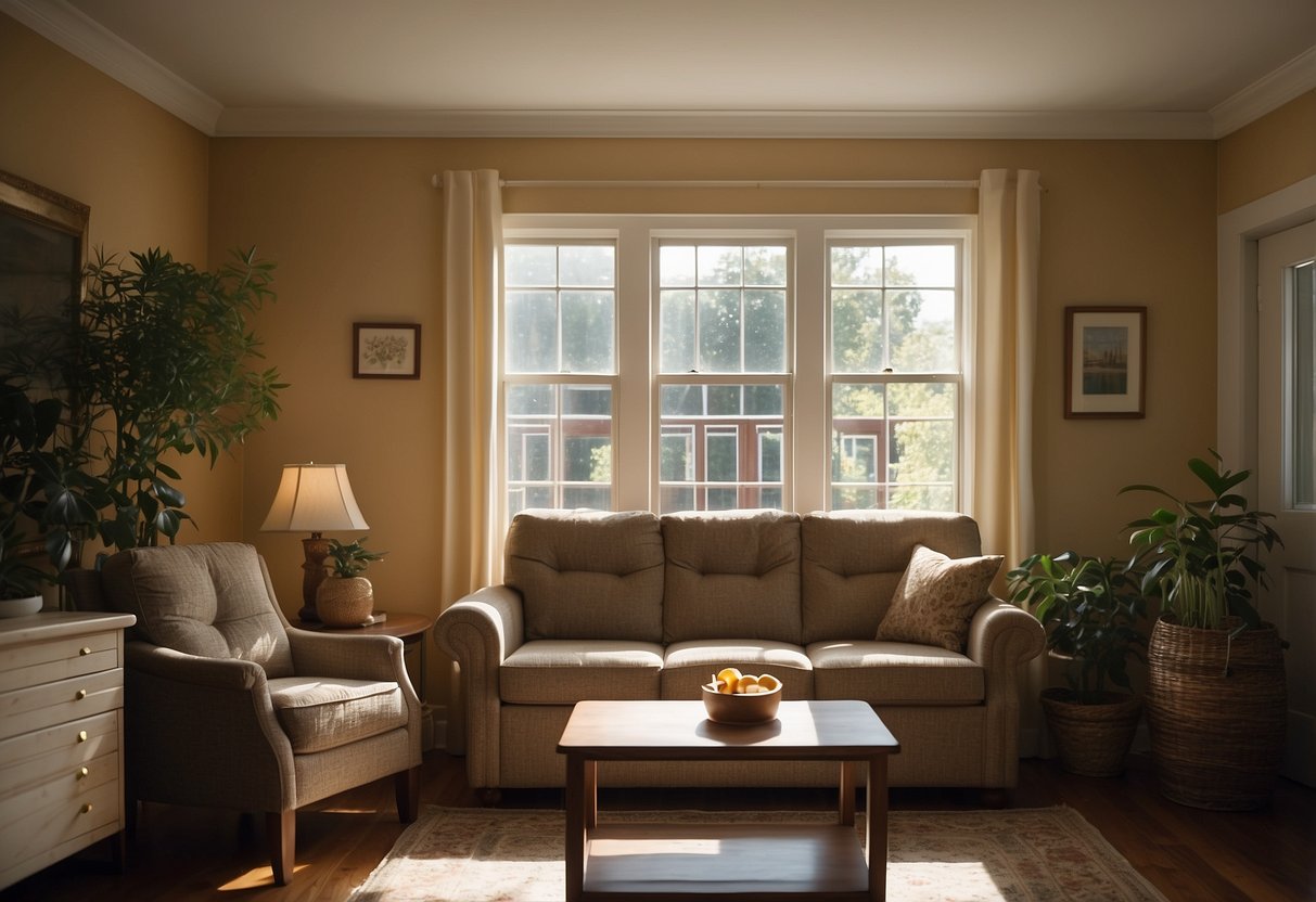 A room with a sofa, table, and chairs. A sign reads "Frequently Asked Questions: rent to keep furniture." Sunshine streams through the window