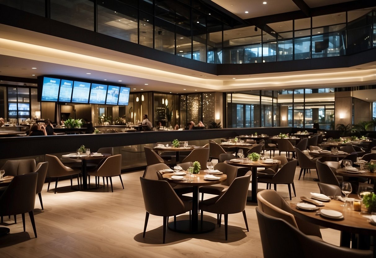 A bustling dining area with modern furniture and lively entertainment at Century Square
