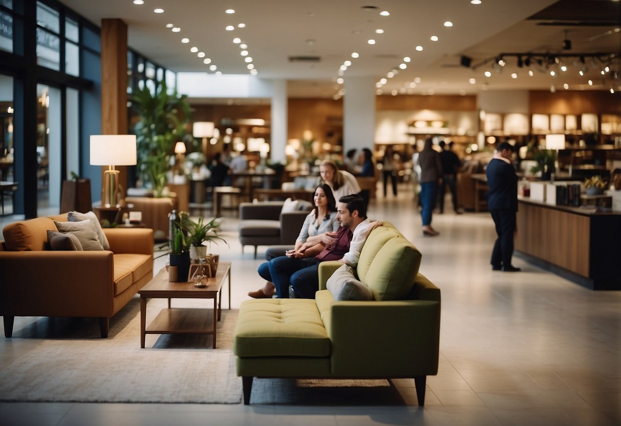 A bustling furniture shop at Century Square with customers browsing, staff assisting, and a prominent "Frequently Asked Questions" sign