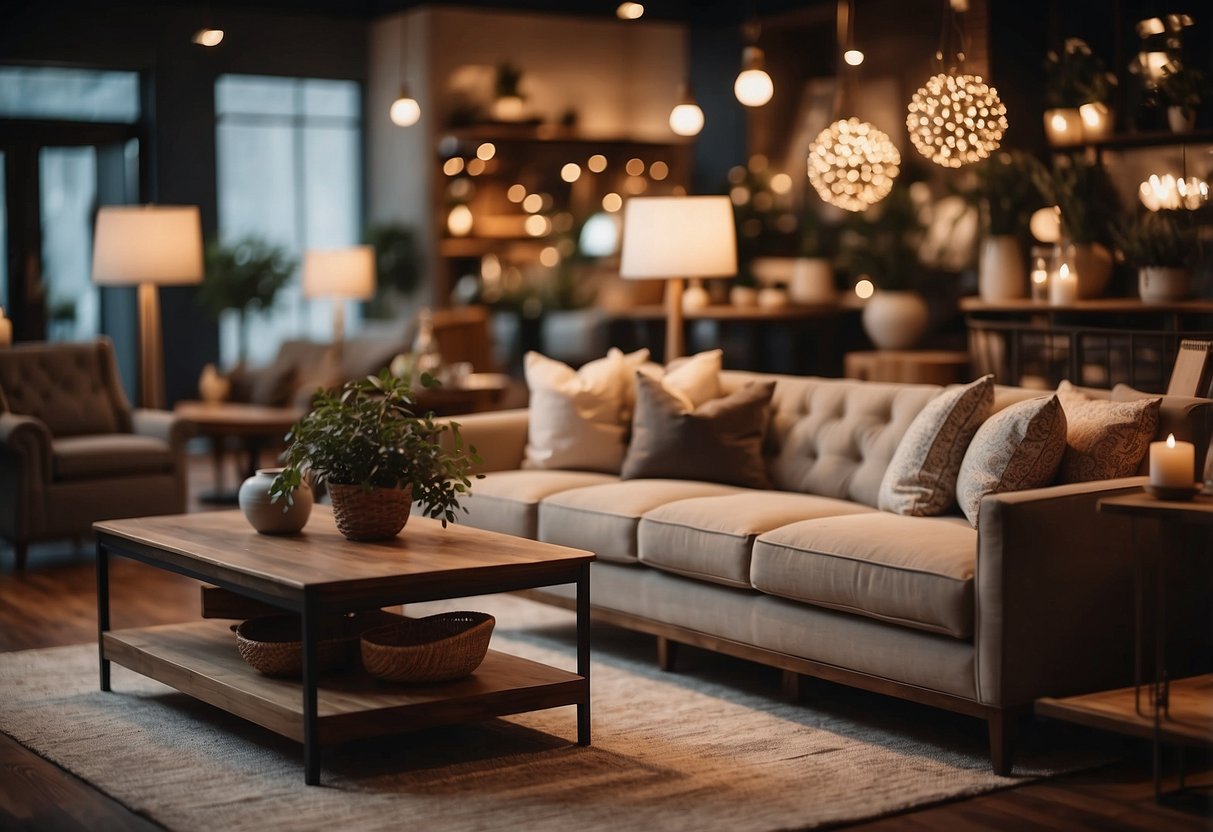 A cozy furniture store with warm lighting and a variety of stylish pieces displayed in an organized and inviting manner