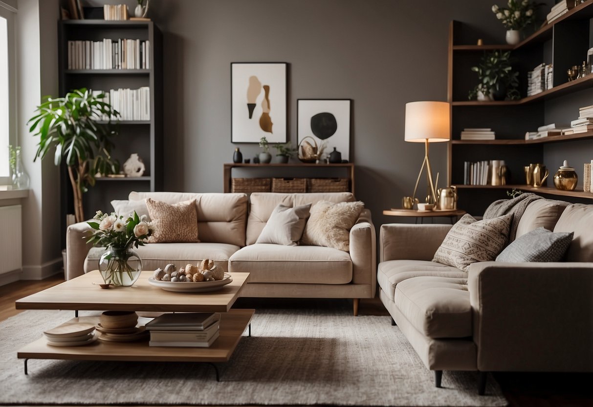 A cozy living room with a comfortable sofa and a stylish coffee table, surrounded by shelves filled with decorative items and a soft rug on the floor