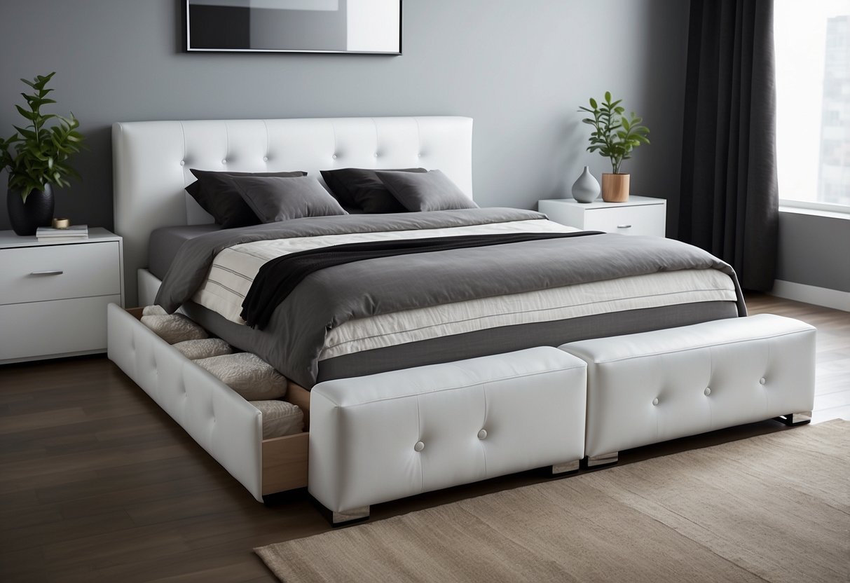 White furniture risers elevate a bed, creating extra storage space underneath. The clean, minimalist design adds a modern touch to the room