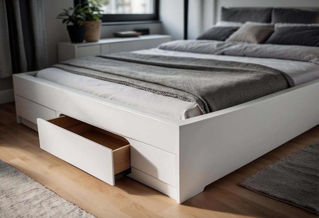 White furniture risers arranged under a bed, creating extra storage space