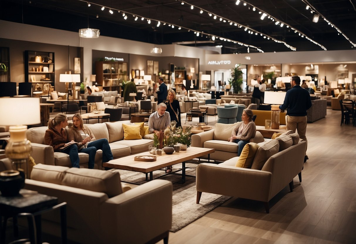 A busy furniture store with customers browsing and staff assisting. Displays of sofas, tables, and chairs. Signage with "Frequently Asked Questions" about the store's products and services
