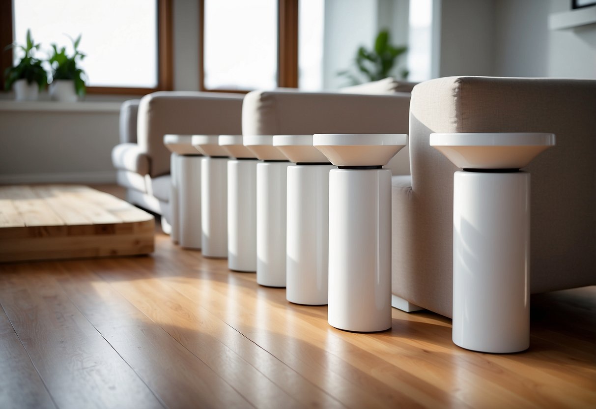 A set of white furniture risers arranged neatly on a clean, hardwood floor, with a soft natural light streaming in from a nearby window