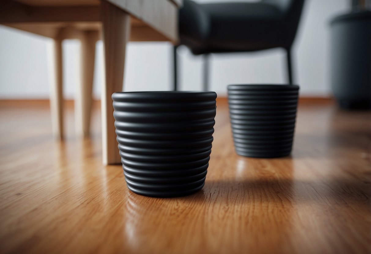 Rubber furniture cups grip tightly under a chair leg, preventing scratches on the floor
