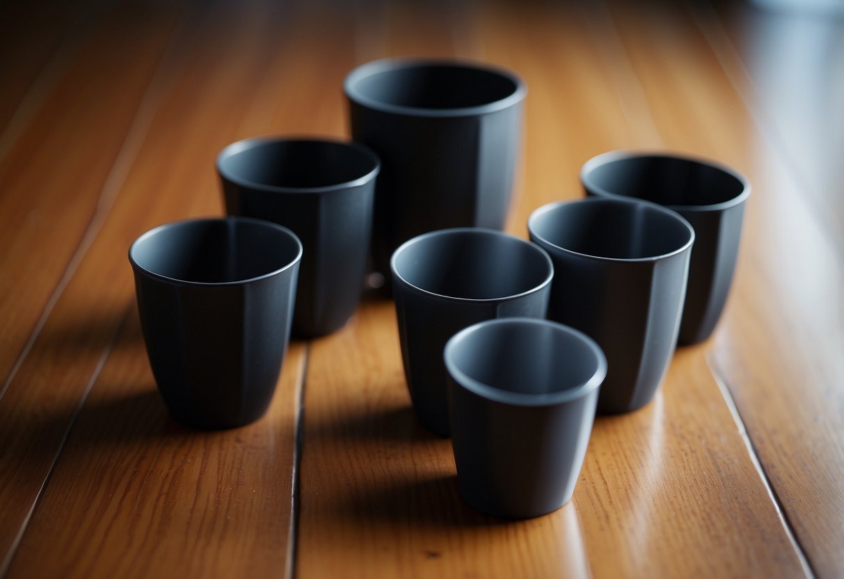 Rubber furniture cups supporting table legs on hardwood floor