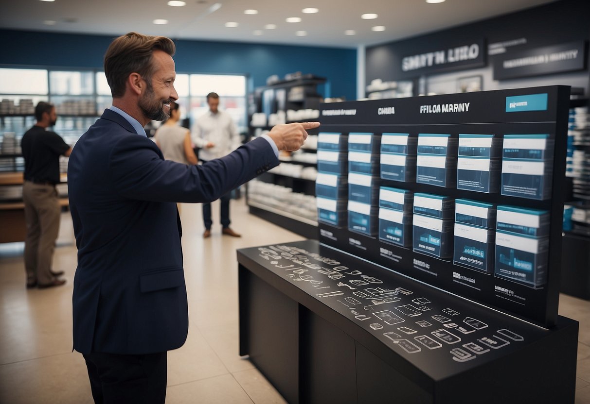 A customer pointing to a display of rubber furniture cups while a salesperson explains the purchasing and warranty information