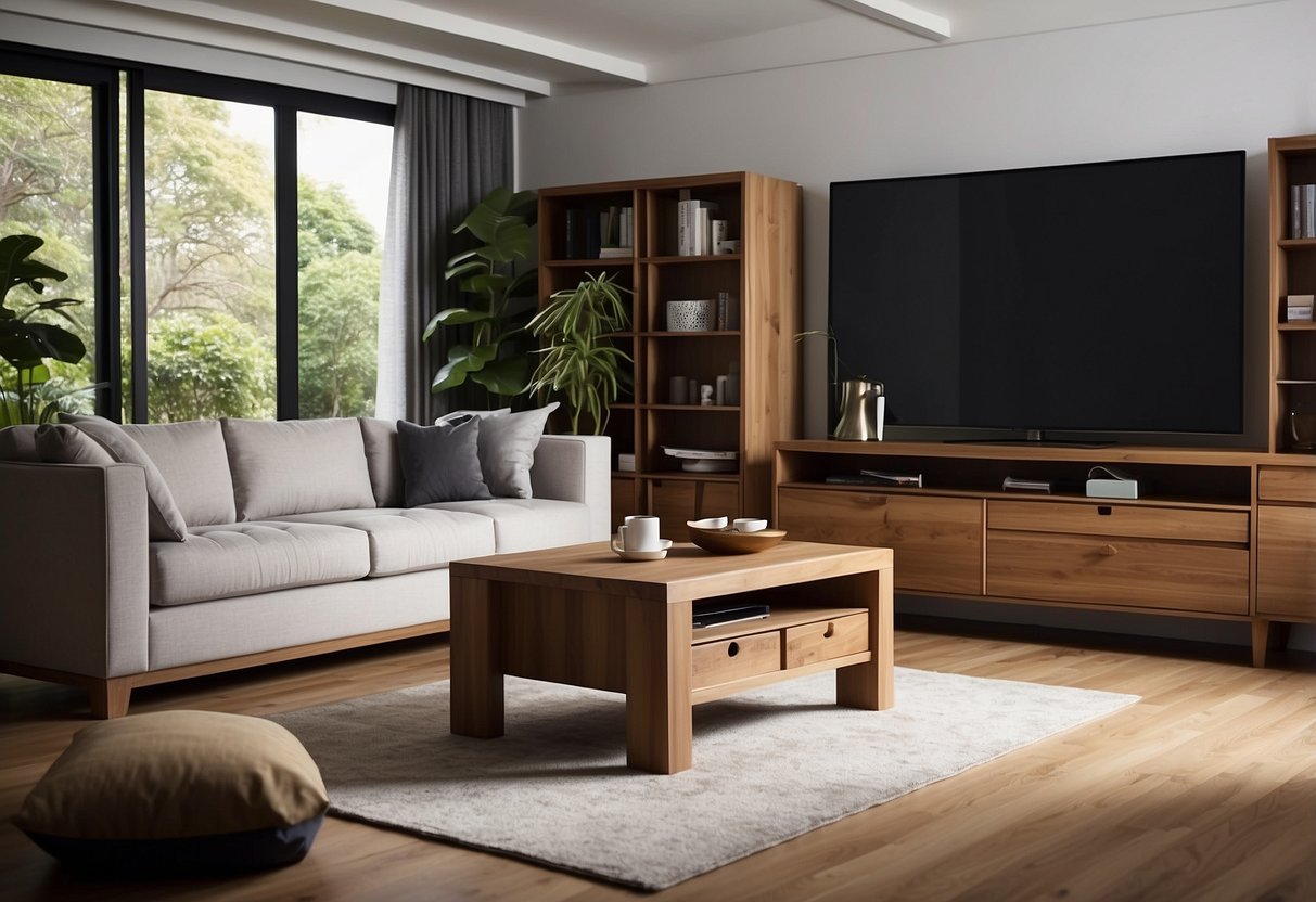 A cozy living room with Scanteak furniture, featuring a sleek teak wood coffee table, a comfortable sofa, and elegant storage cabinets