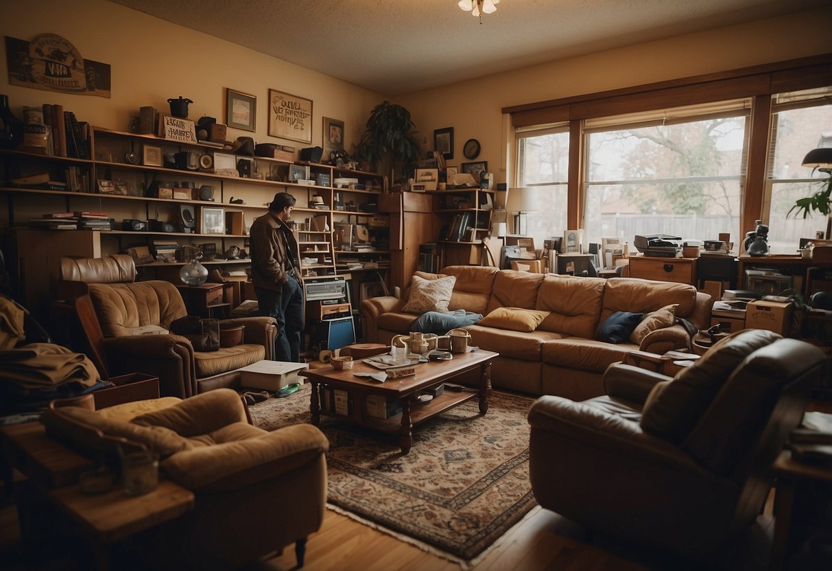 A cluttered room with various used furniture pieces, a sign "Used Furniture Buyers Near Me" on the wall, and a person browsing through the items