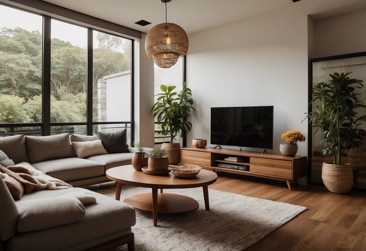 A cozy living room with Scanteak's sleek, modern furniture designs. Clean lines, warm wood tones, and minimalist decor create a timeless and inviting space