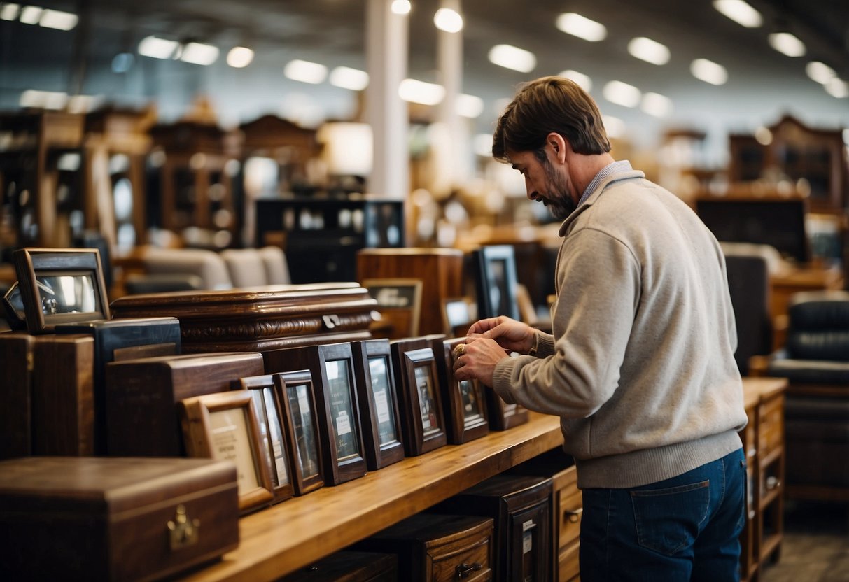 A person browsing through a variety of used furniture items at a local store, carefully inspecting the quality and prices