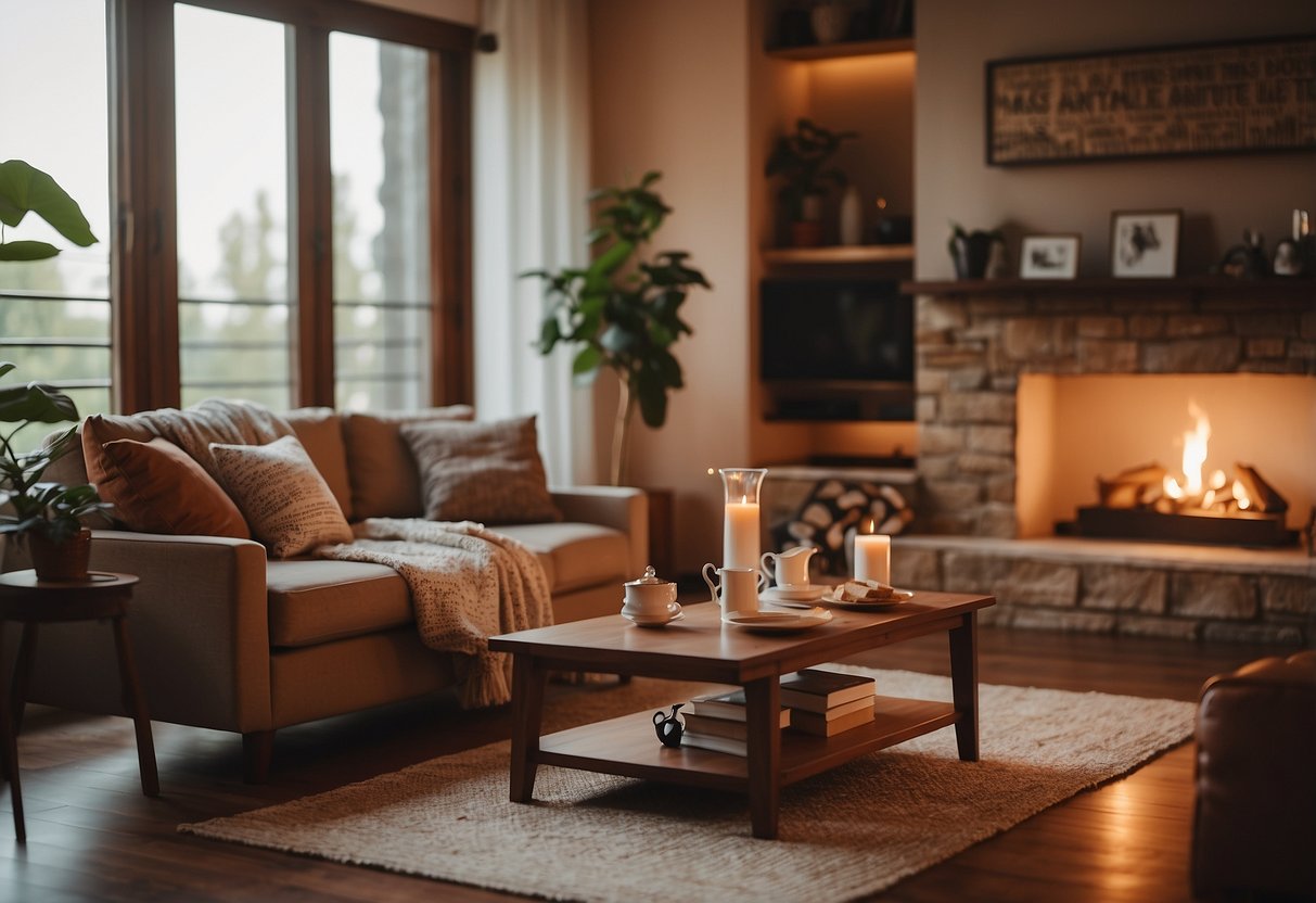 A cozy living room with Scanteak furniture, soft lighting, and a warm color palette. A person lounges on a comfortable sofa, enjoying a book and a cup of tea