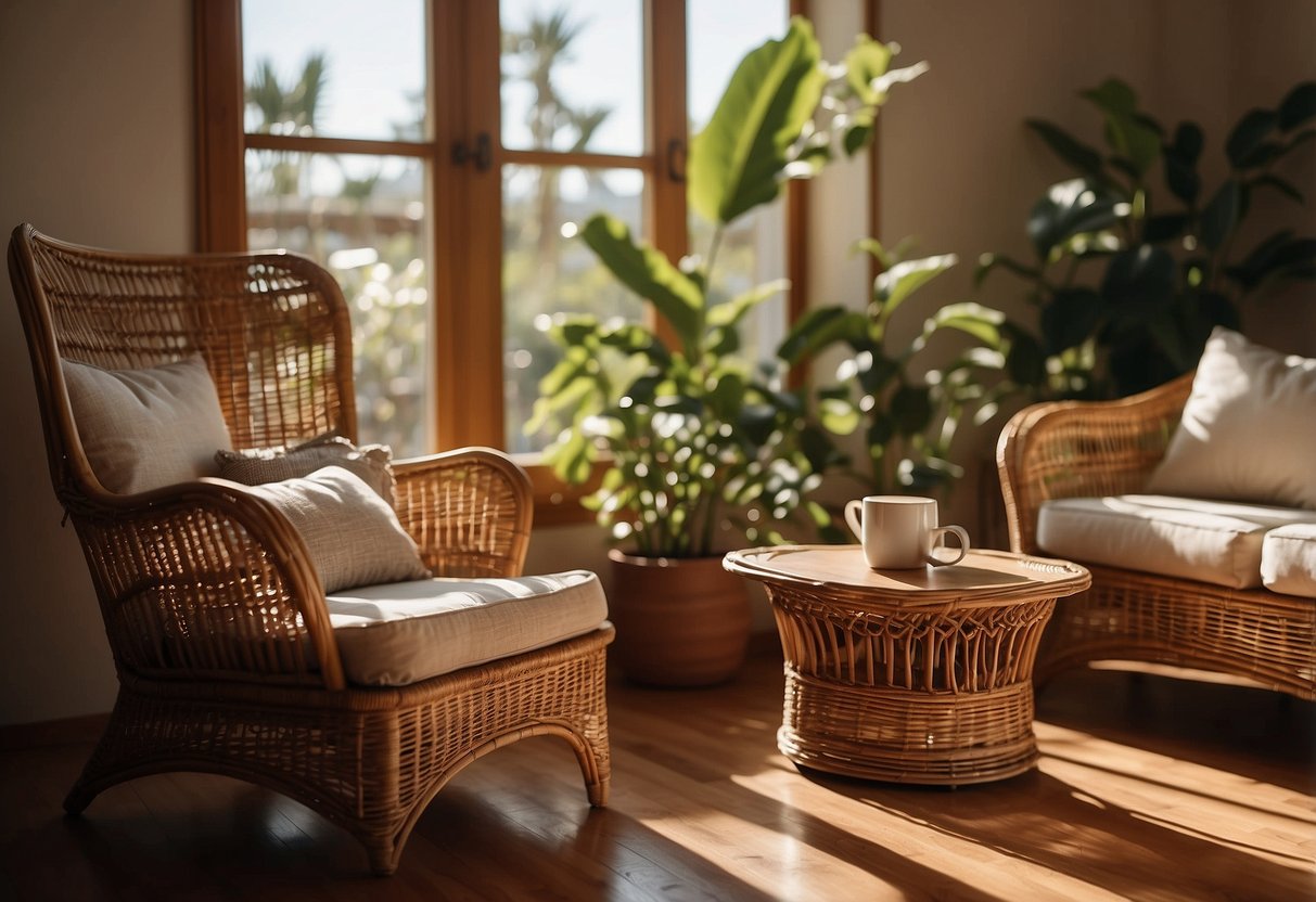 A cozy living room with cane furniture, a rattan chair, and a wicker coffee table. Sunlight filters through the window, casting warm shadows on the natural textures