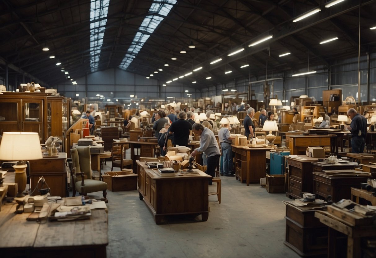 A bustling marketplace of used furniture buyers, seeking value and sustainability. Various items are being inspected and haggled over, as the atmosphere buzzes with activity