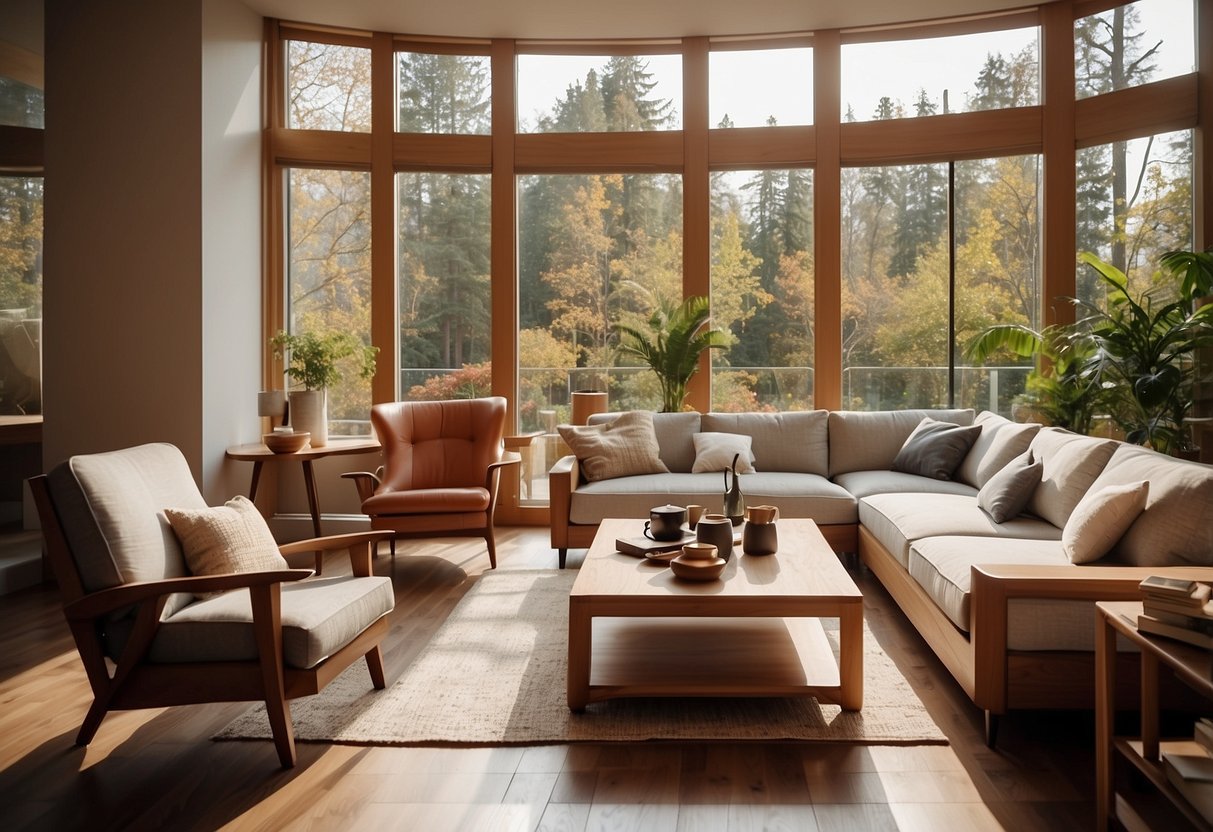 A cozy living room with a modern teak furniture set, including a sleek coffee table, a comfortable sofa, and a stylish armchair. The room is well-lit with natural sunlight streaming in from the large windows