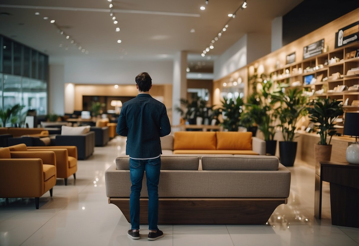 A customer effortlessly browsing furniture, receiving prompt assistance, and leaving satisfied