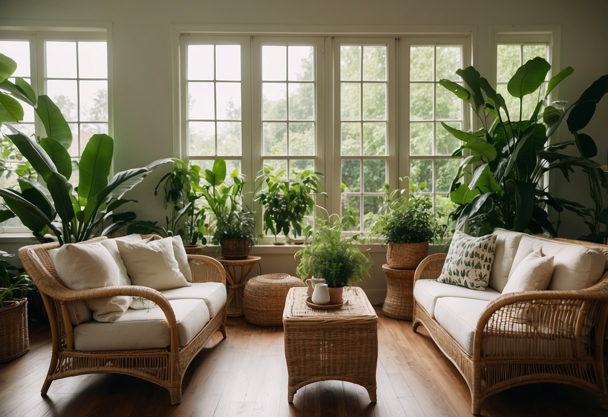 A cozy living room with wicker armchairs and a coffee table, surrounded by lush green plants and soft natural lighting