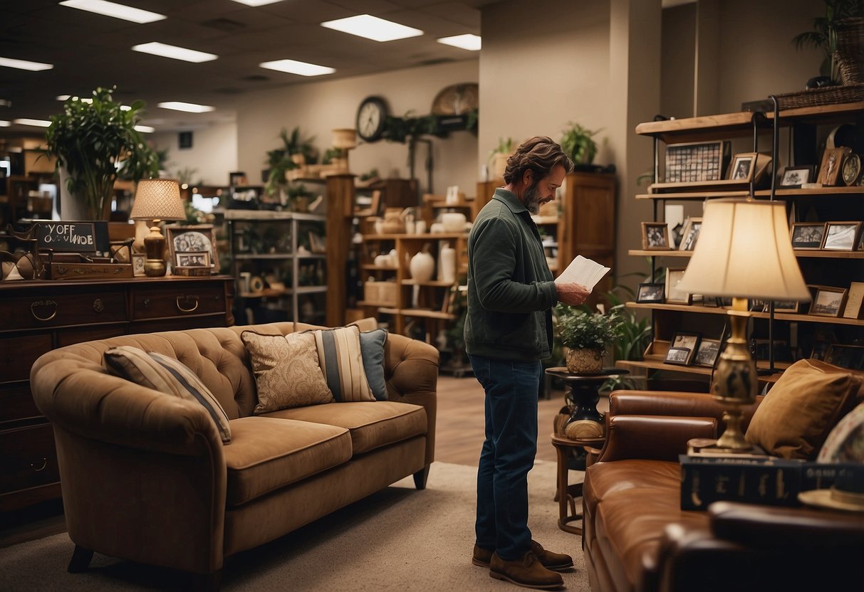 A customer browsing through a variety of furniture items with a sign reading "Frequently Asked Questions" at the uncle furniture store