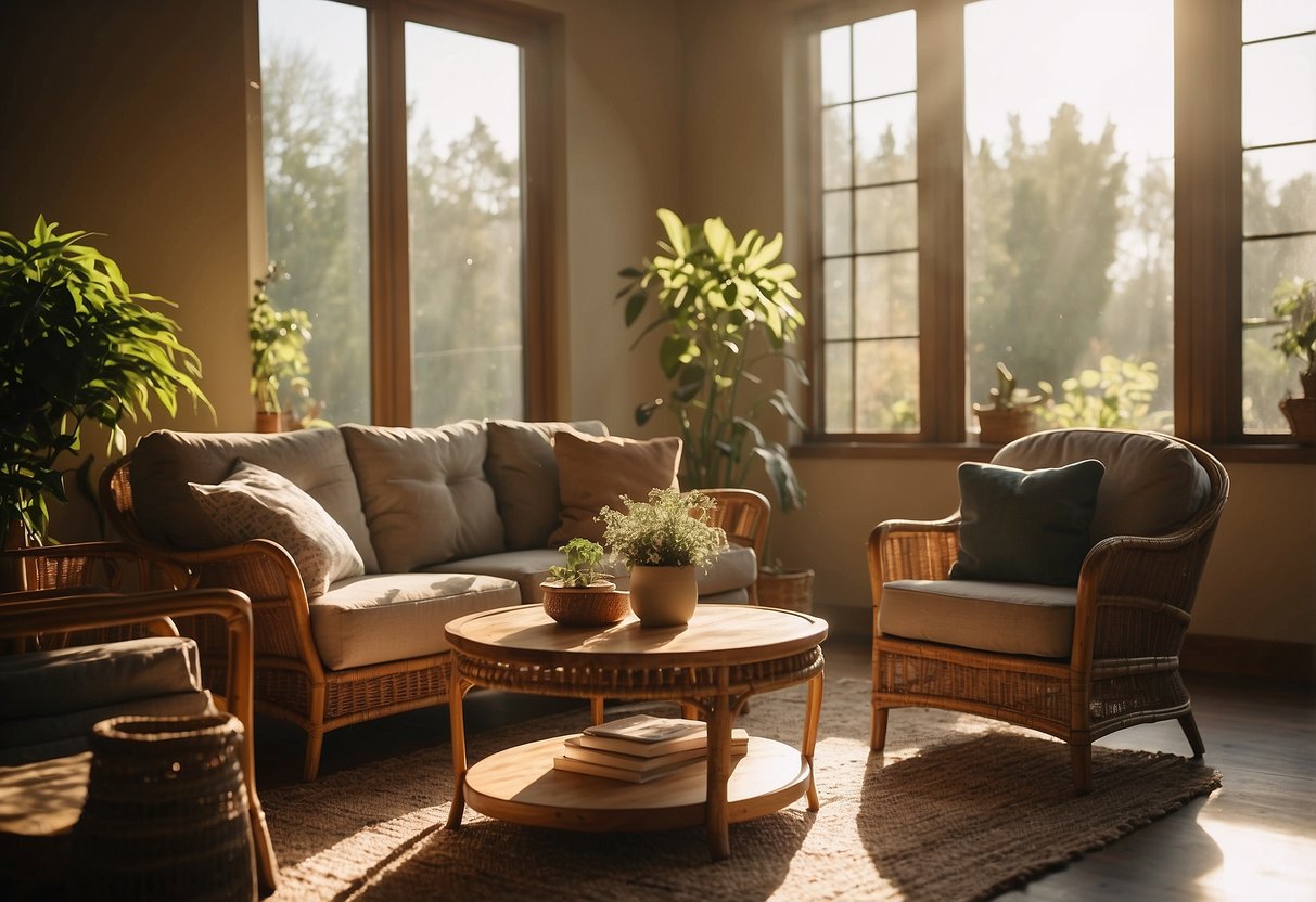 A cozy living room with a cane sofa, armchair, and coffee table. Sunlight streams in through the window, casting warm shadows on the natural, earthy tones of the furniture