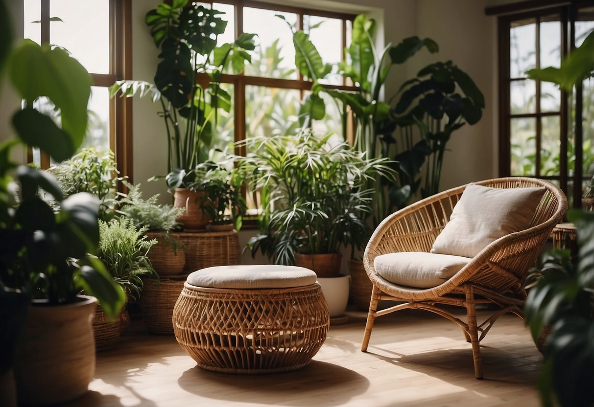 A cozy living room with a rattan chair and table, surrounded by lush green plants and warm natural lighting