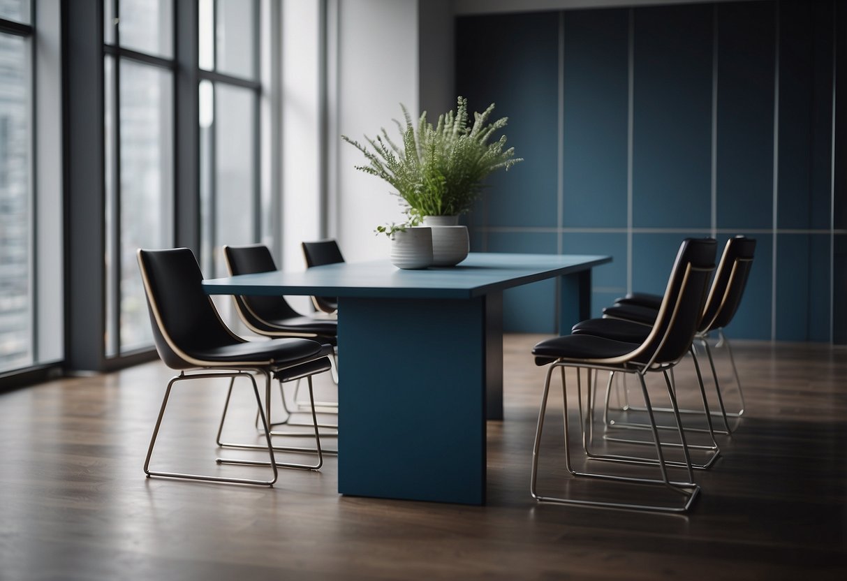 A sleek, modern chair and table arrangement, with clean lines and minimalist design. The furniture is made of blueprints, giving it a unique and artistic touch