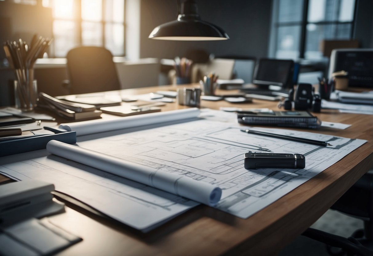 A clean, organized workspace with a large drafting table, ruler, and various drafting tools. A stack of blueprints and design sketches are neatly arranged on the table