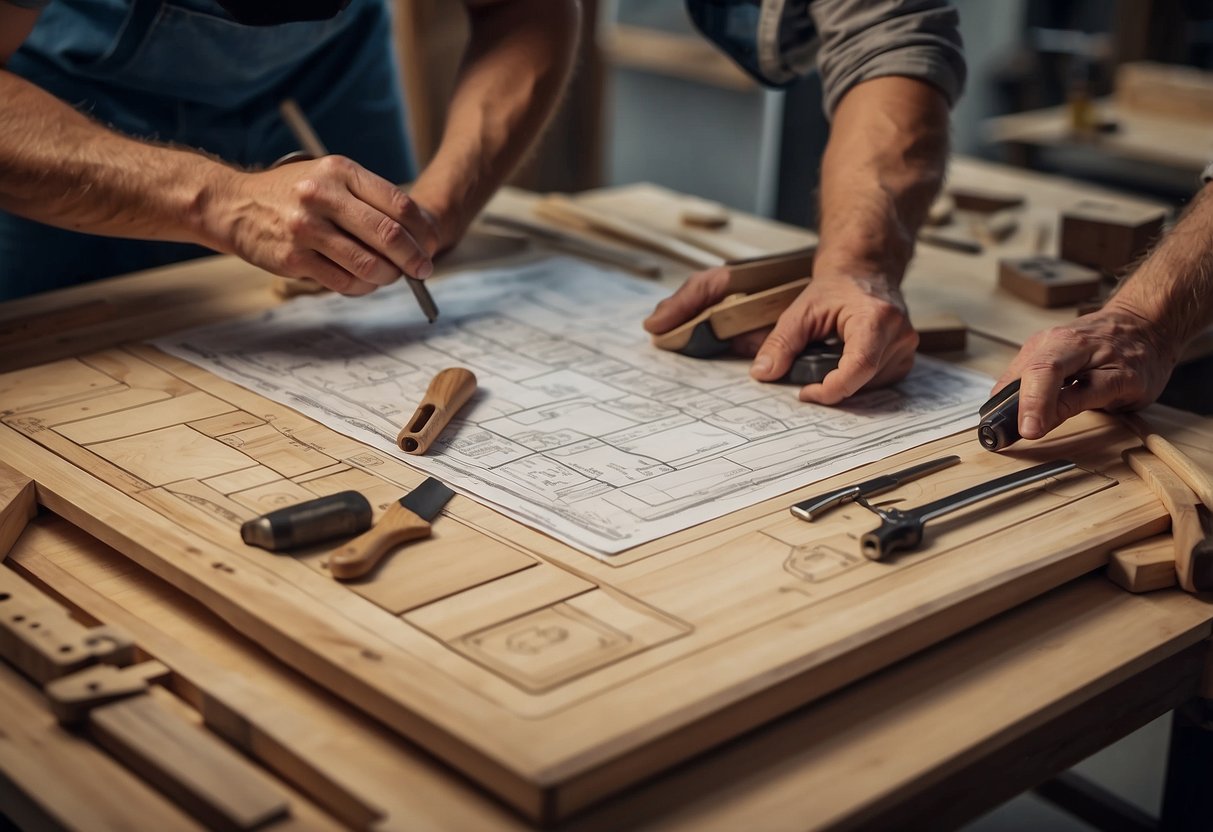 A carpenter is assembling blueprint furniture with precision tools