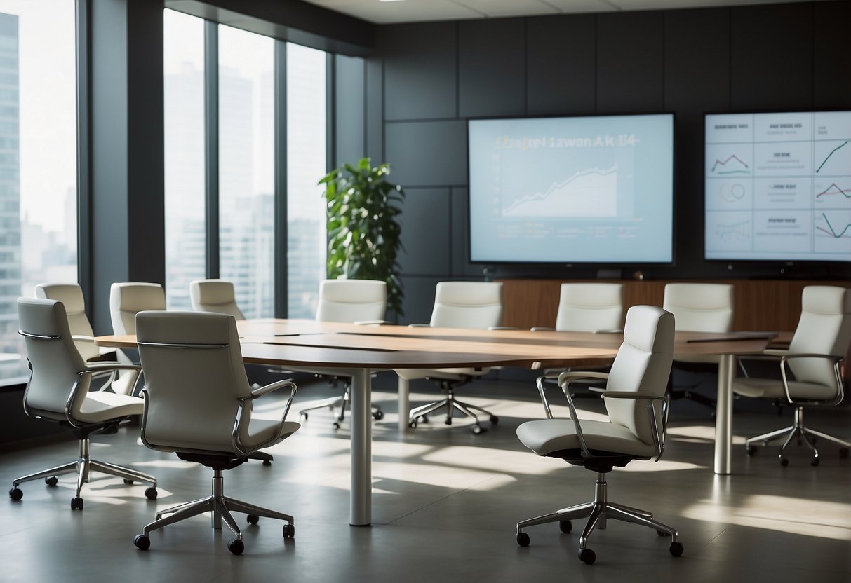 A sleek, modern conference room with modular desks and chairs, integrated technology, and ample whiteboards for brainstorming