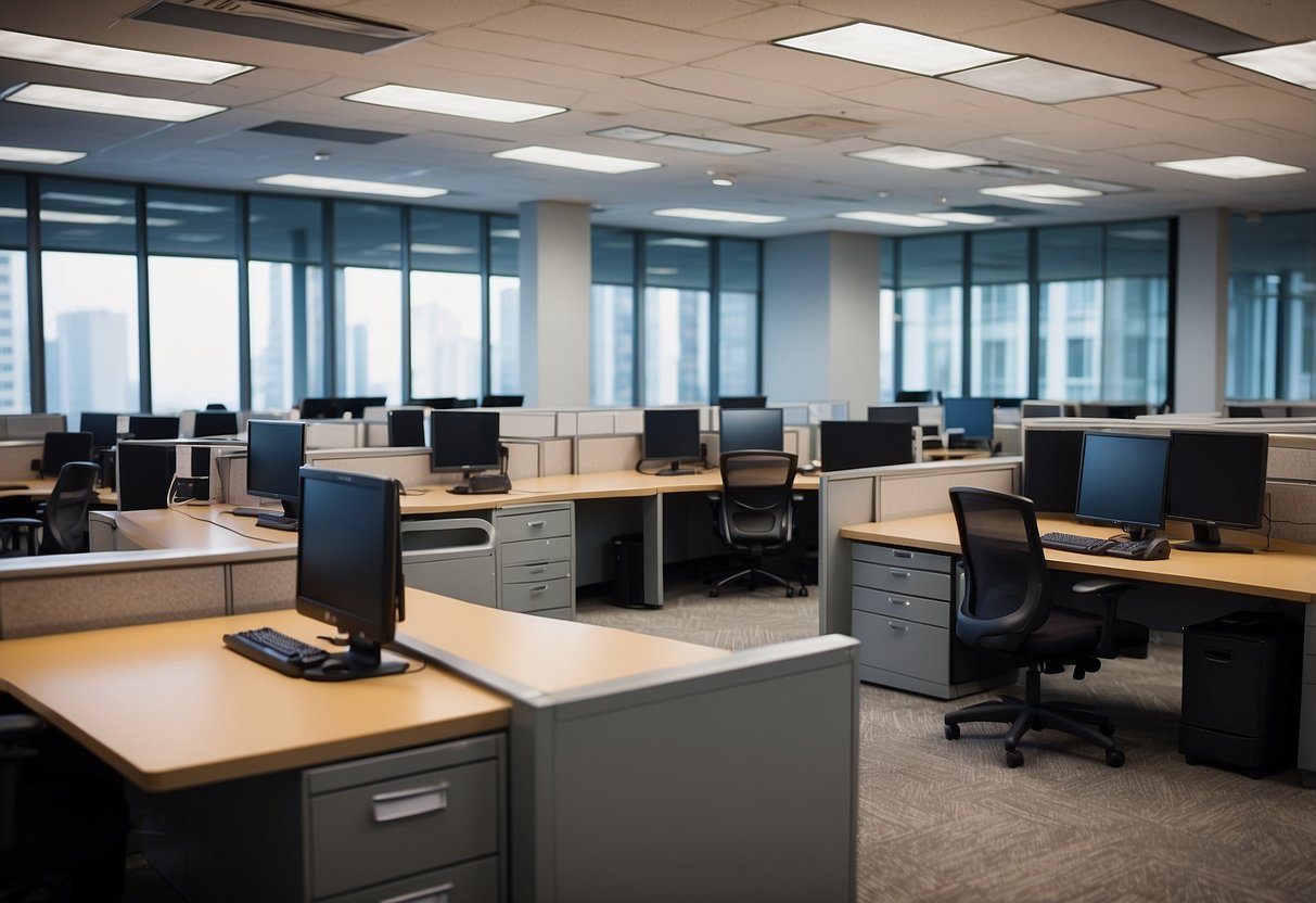 The cubicle office furniture includes desks, chairs, file cabinets, and computer monitors arranged in a grid pattern