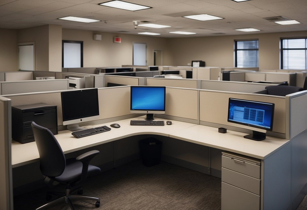 A cubicle office with a desk, chair, computer, filing cabinet, and overhead shelves. The space is organized and efficient, with clean lines and neutral colors