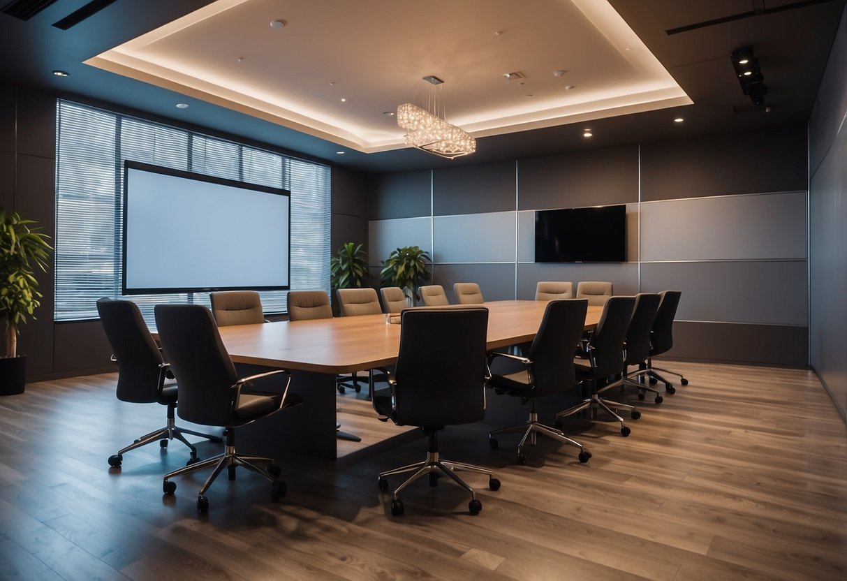 A spacious conference room with modern furniture, including sleek chairs, a large table, and a projector screen on the wall