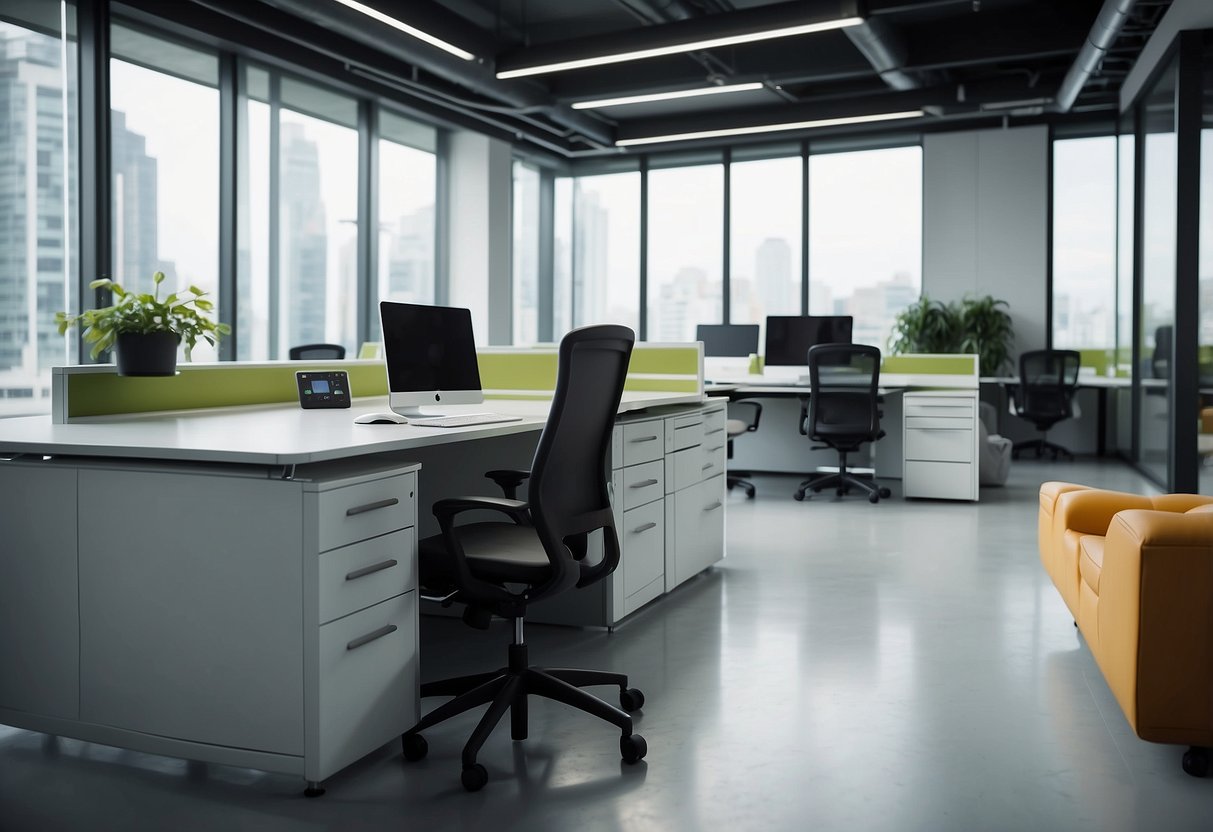 A spacious office with modern cubicle furniture arranged in an open layout, with consideration for natural lighting and ergonomic design